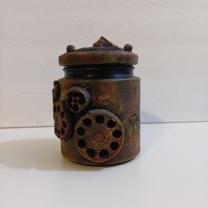 3.5" Steampunk Embellished Glass, Covered Jar. Signed